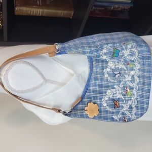 RELIC Blue Plaid Fabric Embroidered Floral & Butterfly Shoulder Bag